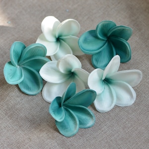 Teal Center Plumerias Natural Real Touch Flowers frangipani heads DIY cake Toppers, Wedding Decorations