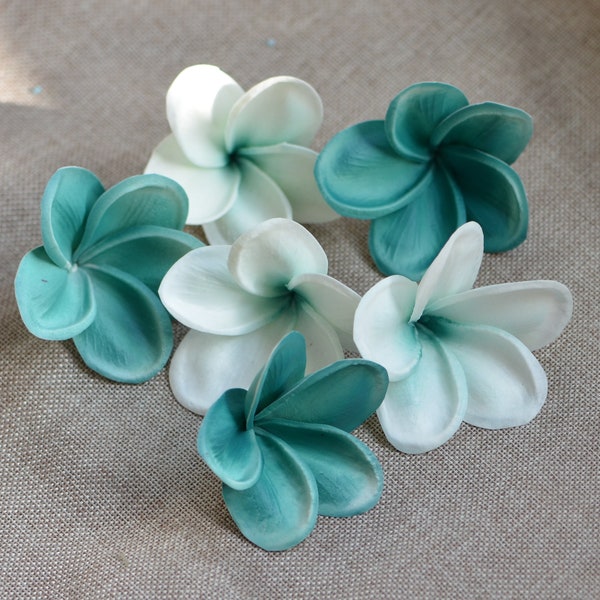 Teal Center Plumerias Natural Real Touch Flowers frangipani heads DIY cake Toppers, Wedding Decorations