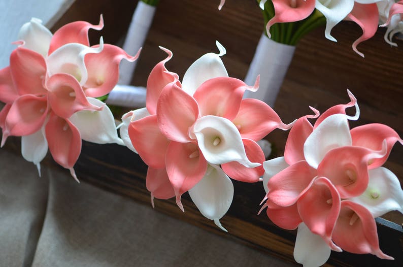Coral Bridal Bouquets Coral Calla Lilies Ivory Callas Real Touch flowers Wedding Bridesmaids Bouquets Boutonnieres