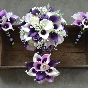 Plum Wedding Bouquets, Real Touch Lilac Calla Lilies,  Real touch Ivory Roses, Ivory Calla Lilies,  Baby's Breath, Purple Bridal Bouquet