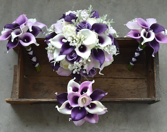 Plum Wedding Bouquets, Real Touch Lilac Calla Lilies,  Real touch Ivory Roses, Ivory Calla Lilies,  Baby's Breath, Purple Bridal Bouquet