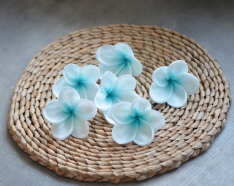 Aqua Blue Center Plumerias Natural Real Touch Flowers frangipani heads DIY cake Toppers, Wedding Decorations