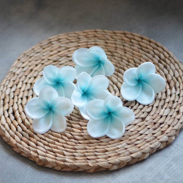 Aqua Blue Center Plumerias Natural Real Touch Flowers frangipani heads DIY cake Toppers, Wedding Decorations