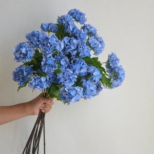 May include: A bouquet of blue hydrangeas with green leaves and brown stems.