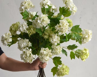 Fausse fleur de boule de neige de 25 po en crème/vert, fleurs au toucher réel, fausses plantes botaniques, fleurs DIY, décoration de mariage/maison/cuisine | Cadeaux