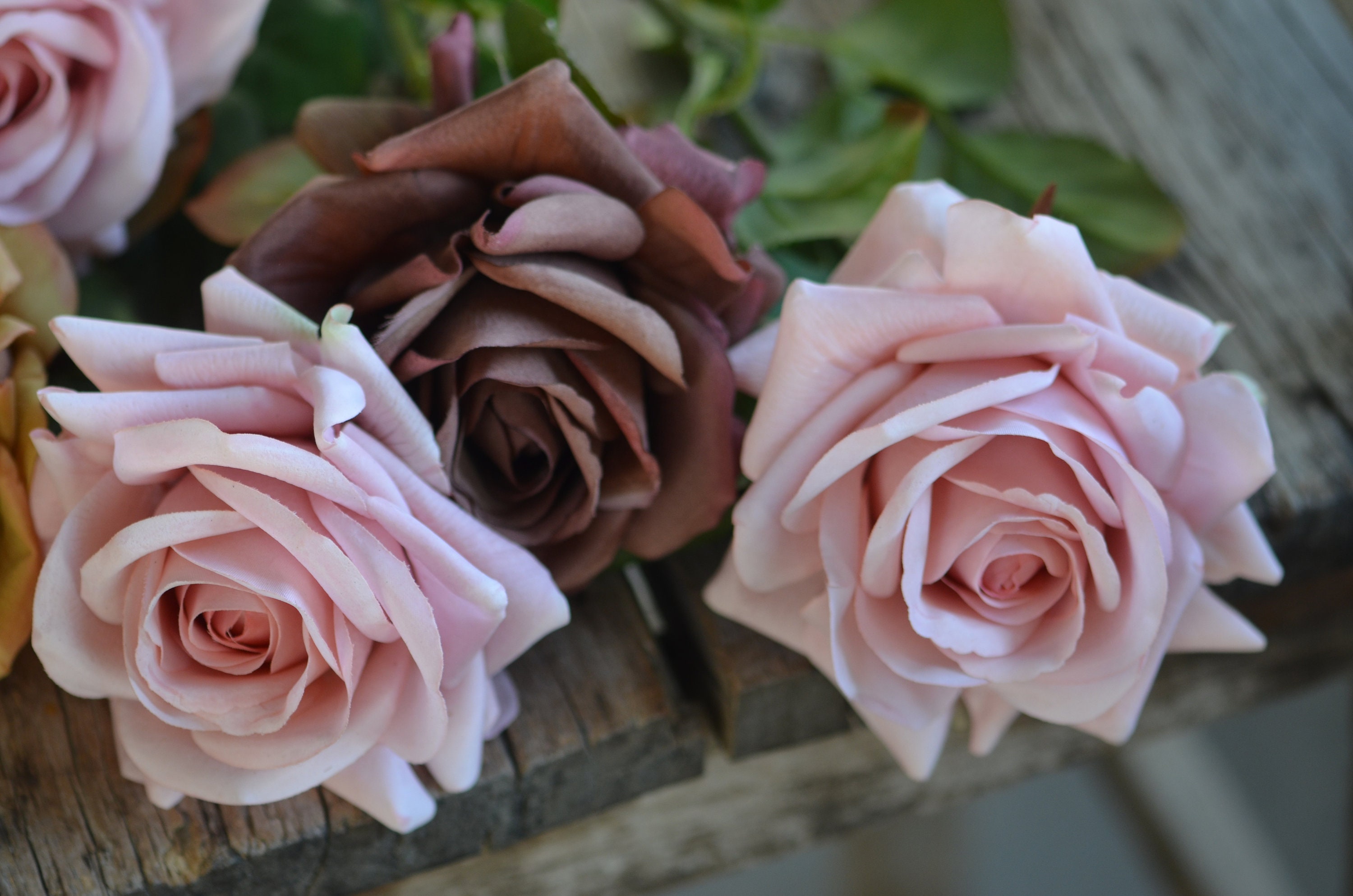 Dusty Pink Real Touch Roses, Orange Garden Roses, Dark Brown Fake 