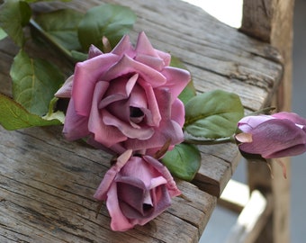 3 Heads, Dusty Purple Real Touch Fake Roses, Dusty Lilac Artificial Roses, Fall Purple Gray Roses, Fall Wedding Decor, Holiday Decor Flowers