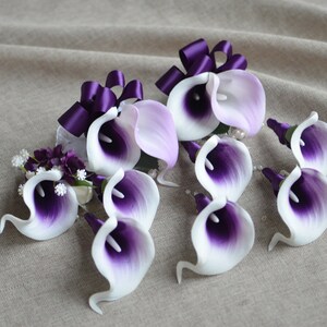 Purple Corsage, Purple calla Lily Wedding Boutonniere, Real Touch Flowers, Choose Ribbon Colors image 2