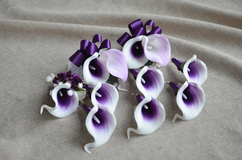 Purple Corsage, Purple calla Lily Wedding Boutonniere, Real Touch Flowers, Choose Ribbon Colors image 2