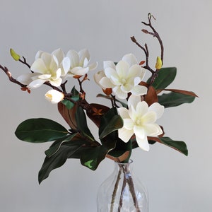 Faux Natural Touch Magnolia Cream Flowers and Leaf Branch, High Quality Artificial Plant, DIY Office/Wedding/Home Decoration/Gifts for Mum