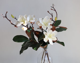 Faux Natural Touch Magnolia Cream Flowers and Leaf Branch, High Quality Artificial Plant, DIY Office/Wedding/Home Decoration/Gifts for Mum