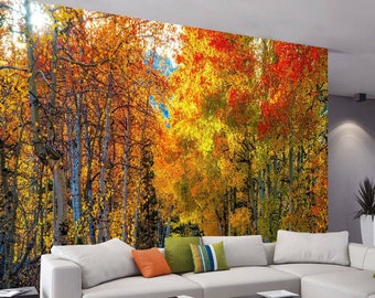 Path Tree Leafy Autumn Nature Plants Pastel Green Yellow Wallpaper Mural Photo Poster wall covering wall decoration