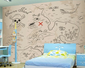 Pirate Treasure Map Wallpaper Wall Mural Photo Bedroom Children Kid Room Nursery wall covering, wall decoration