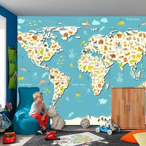 Animaux Carte du monde Océan Papier peint Mural Photo Enfants Enfant Salle de jeux Affiche revêtement mural, décoration murale