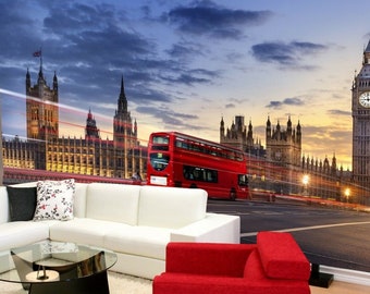 London Double Deck Bus Parliament Big Ben Wallpaper Wall Mural Home Decoration wall covering, wall decoration