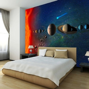 Space Stars Planets Solar System Wallpaper Mural Photo Children Kids Bedroom wall covering, wall decoration