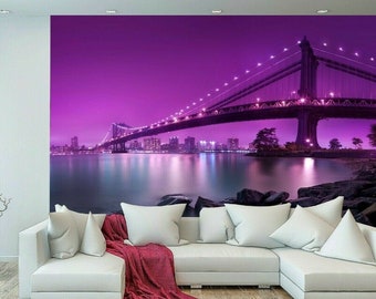 City Night River Purple Bridge Sky Home Wallpaper Mural Photo Room Decoration wall covering, wall decoration