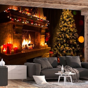 Xmas Christmas Tree Chimney Santa Claus Wallpaper Mural Photo Kids Poster wall covering, wall decoration