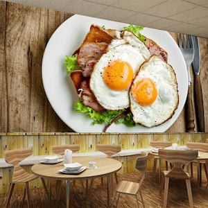 Eggs Bacon Grill Food Wallpaper Mural Photo Restaurant Kitchen Poster Decoration wall covering, wall decoration