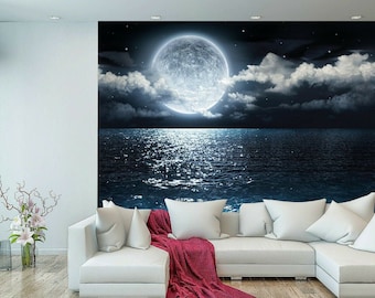 Sea Beach Night Moon Clouds Stars Wall Mural Photo Wallpaper Bedroom Decoration wall covering, wall decoration