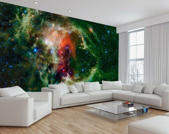 Space Galaxy Stars Planets Green Wallpaper Mural Photo Bedroom Home Poster Deco wall covering, wall decoration