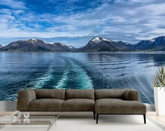 Mountains Sky Clouds Water Beach Wave Boat Wall Mural Photo Wallpaper Decoration wall covering, wall decoration