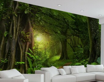 Trees Sunlight Jungle Forest Plants Nature Wallpaper Mural Photo Room Poster wall covering, wall decoration