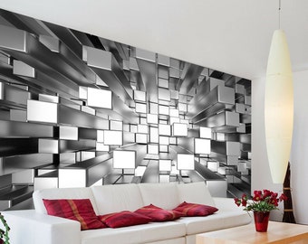 3D Colours Cubes Silver Wallpaper Photo Pattern Wall Mural Home Room Poster Deco wall covering, wall decoration