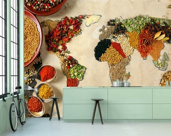 Foods Spice Herbs Fruits World Map Kitchen Restaurant Wallpaper Murals Photo wall covering, wall decoration