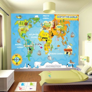 Animaux Carte du monde Papier peint Mural Photo Chambre Enfants Kid Room Pépinière revêtement mural, décoration murale