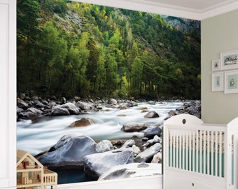Mountain River Tree Forest Rock Nature Photo Wall Mural Wallpaper Bedroom Kitchen Home Decoration