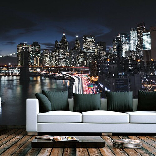 New York City Night View Building Wallpaper Mural Photo Home Etsy