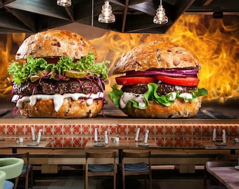 Beef Burger Grill Fire Food Wallpaper Mural Restaurant Kitchen Poster Decoration wall covering, wall decoration
