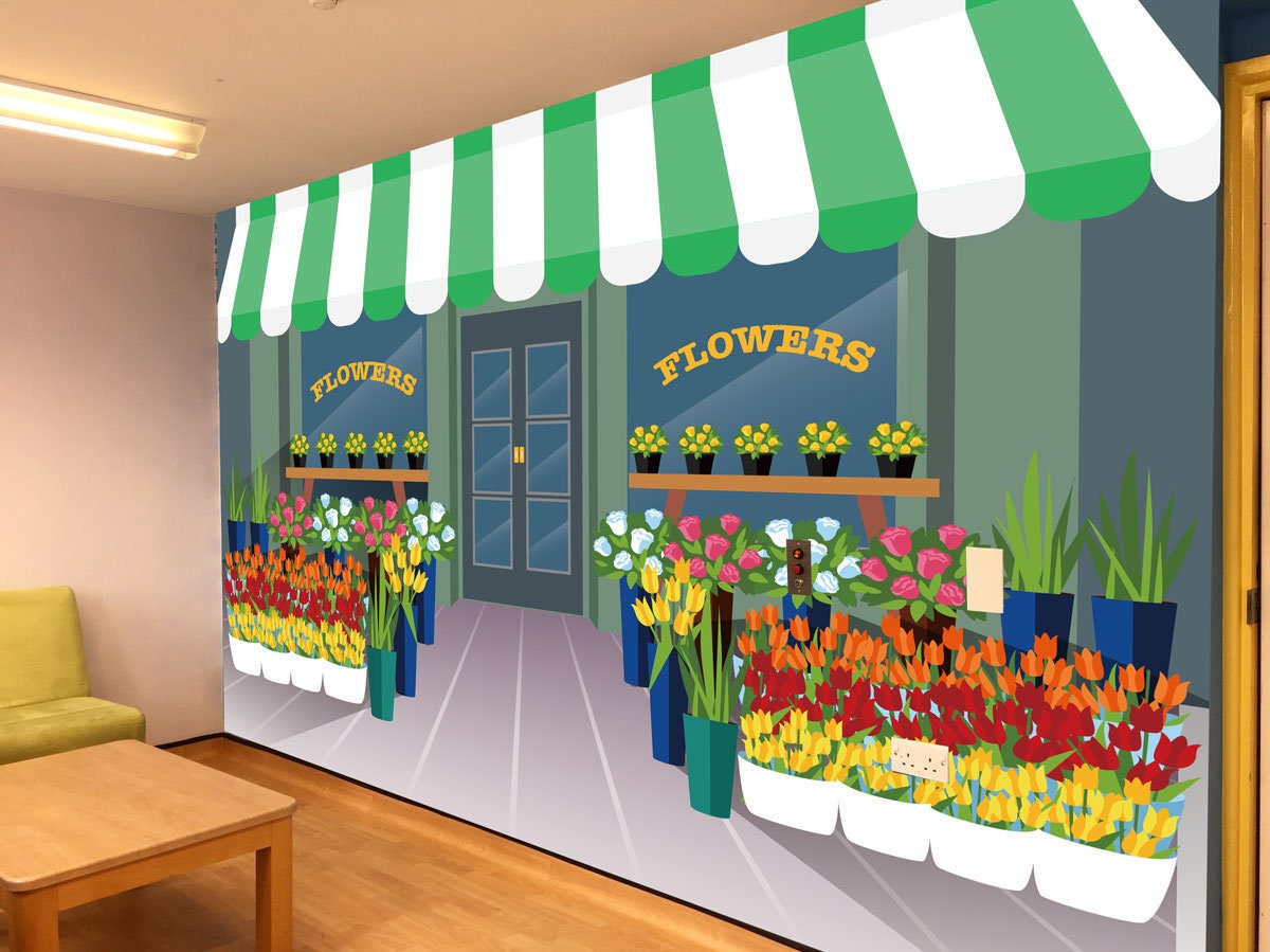 Bloemen winkel dementie Alzheimer vriendelijke foto muurschildering senior zorg huis decoratie