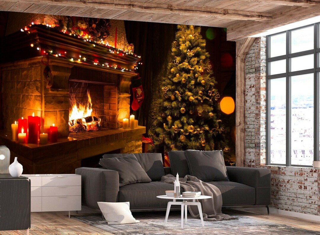 Xmas Christmas Tree Chimney Santa Claus Wallpaper Mural Photo Kids