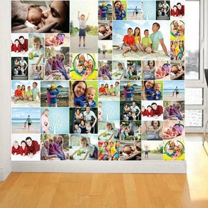 May include: A collage of photographs featuring a family, including children, adults, and babies. The photos are arranged in a grid pattern and show various activities, such as playing, posing, and enjoying time together. The collage is printed on a white background.