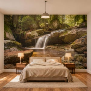 May include: A bedroom featuring a waterfall mural. The bed has a beige duvet and pillows. Two bedside tables with lamps are either side of the bed. A light-coloured rug sits on the wooden floor. A pendant light hangs from the ceiling.