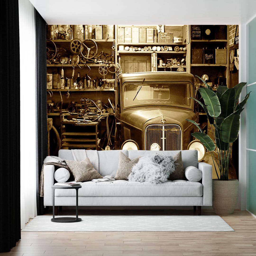 Vintage Garage Car Wallpaper Mural Photo, Classic Retro Vehicle in ...