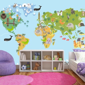 Animaux Bâtiment Carte du monde Papier peint Mural Photo Enfants Chambre Pépinière Affiche revêtement mural, décoration murale