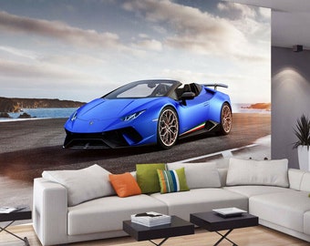 Super Sports Car Blue Car Wallpaper Mural Photo Poster Decoration wall covering, wall decoration