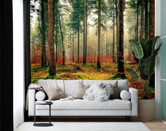 Misty Green Forest Photo Wallpaper Mural Trees Nature Wall Art Woodland Scene for Bedroom Lounge Office Spa Meditation Space Wall Covering