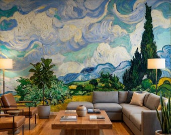 Van Gogh Wheat Field Photo Mural Printed Wallpaper Painting with Swirling Sky Trees Yellow Field Home Office Wall Covering Poster Decoration