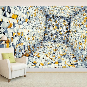 May include: A 3D wall mural featuring an abstract design of white, gray, and yellow geometric shapes. The design creates a tunnel-like perspective, with a white armchair and a bookshelf in the foreground.
