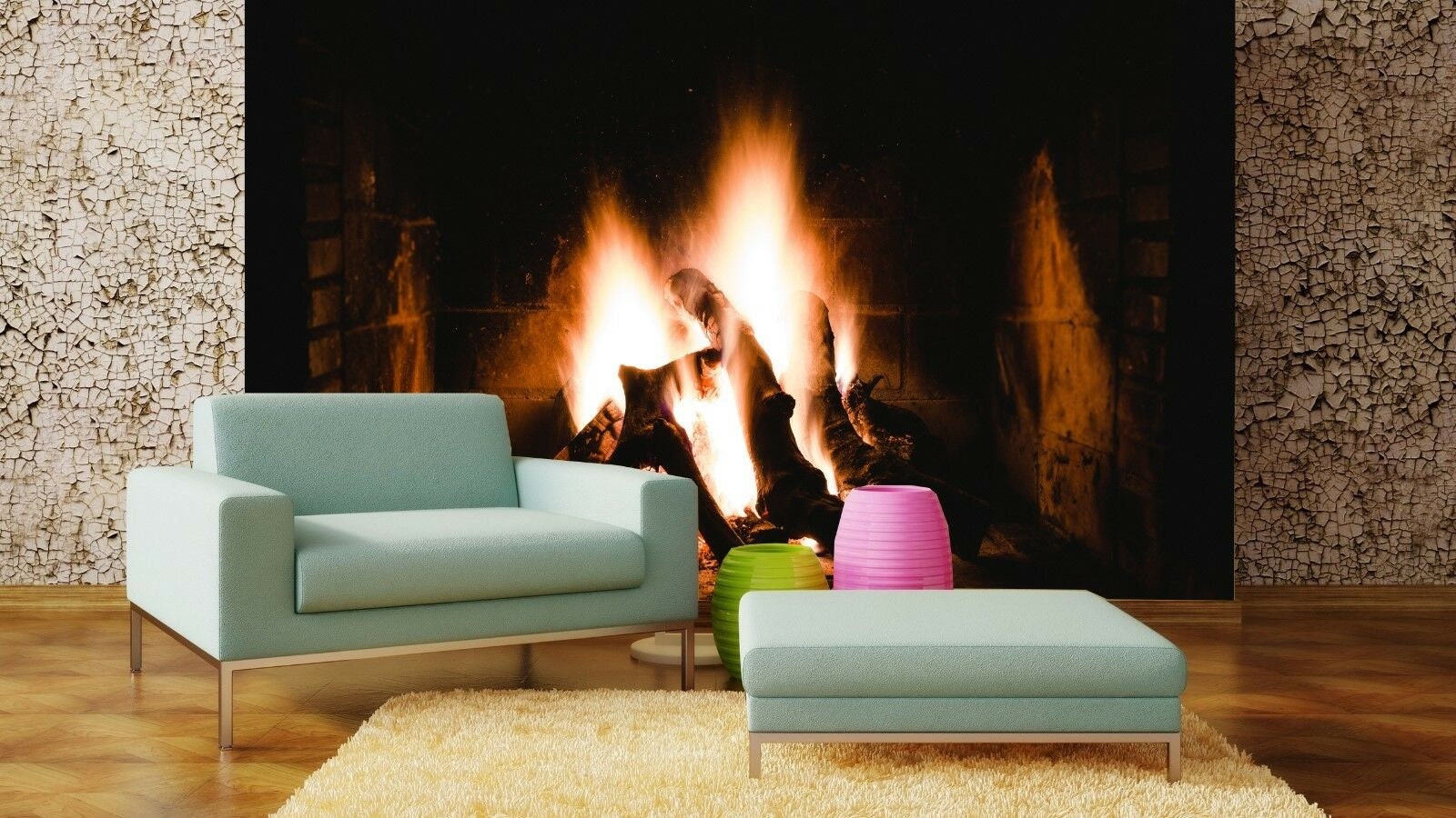 Fireplace Logs Woods Flames Blaze Photo Wallpaper Mural Room | Etsy