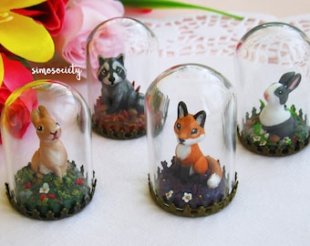 Forest Animals - Red Fox - Rabbit - Raccoon - Diorama Tiny Bell Jar Bottle Miniature