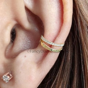 Round Brilliant Cut Colorless Moissanite Diamond Ear Cuff Double Band Ear Cuff Dainty Ear Cuff Yellow Gold Ear Wrap FD347