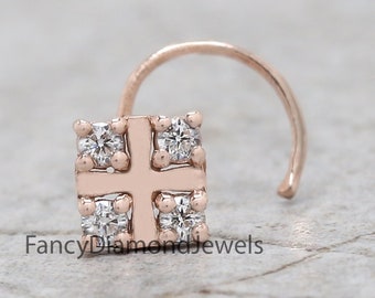 14K Rose Gold Moissanite Nose Stud, Square Cross Cluster Nose Ring, Dainty Four Stone Nose Screw, Geometric Body Jewelry Gift for Her KD957