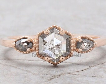 Hexagon Cut Salt And Pepper Diamond Ring 0.72 Ct 6.29 MM Hexagon Cut Diamond Ring 14K Rose Gold Silver Engagement Ring Gift For Her QL2741