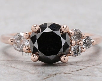 Anillo de diamantes de color negro de corte redondo 2.26 Ct 7.45 MM Anillo de diamantes de forma redonda 14K Anillo de compromiso de plata de oro rosa sólido regalo para ella QL2899