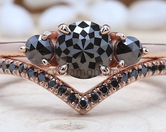 Black and Beautiful Round Cut Black Diamond Engagement Ring Set, KD449